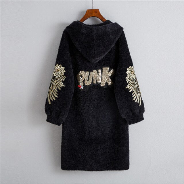 Dámský zimní kabát s nápisem Punk